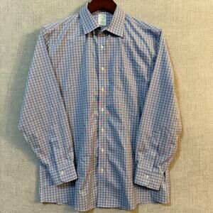 Brooks Brothers Plaid Dress Shirt 16.5 33 Blue White Non-Iron Small Gingham